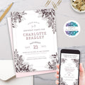 elegant vintage regency era black and blush pink floral birthday invitation